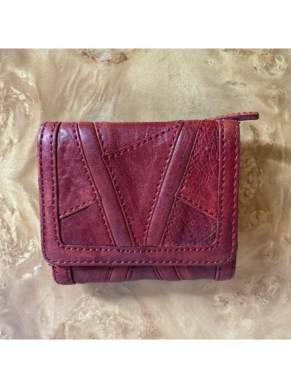L.A.M.B. by Gwen Stefani Maroon Patchwork Leather Bifold Wallet Zip Coin Purse - Picture 3 of 8
